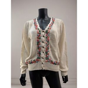 Sarit Embroidered Floral Knit Cardigan Women's Size L Boho Cottagecore